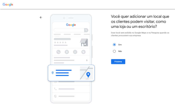 etapa de preenchimento do perfil da empresa no Google